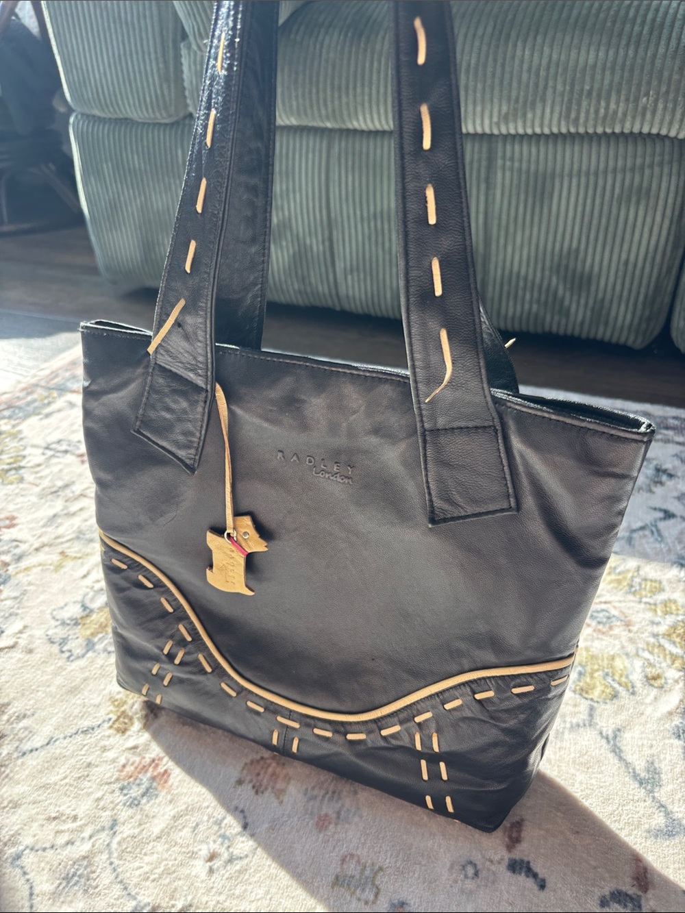 RADLEY LONDON Black Leather Tote with Tan Stitch Accents